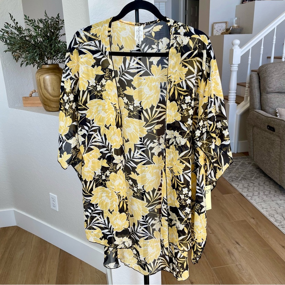 NWT Per Seption Concept Floral Kimono Cardigan XL Yellow Black Open Front Boho